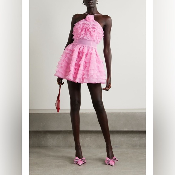 NWT Staud Florian Appliqué Flower Ruffle Halter Organza Mini Dress Tulip Pink - Picture 4 of 13